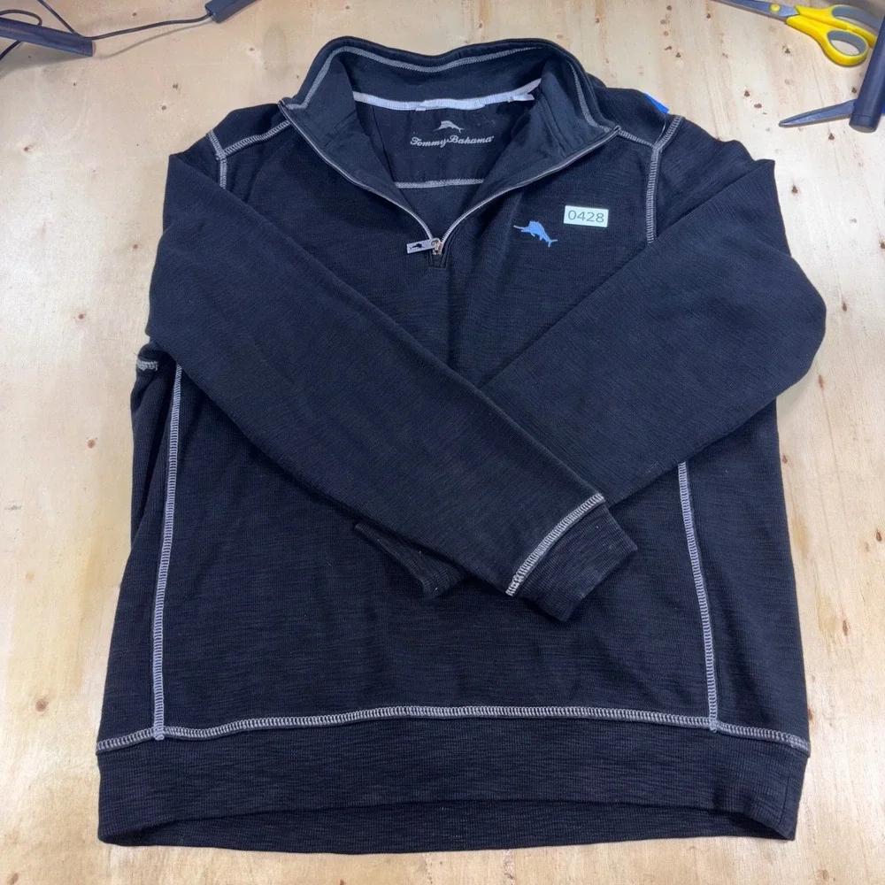 Tommy Bahama Mens Black Slub Knit Quarter Zip Pullover Marlin Logo Size Medium
